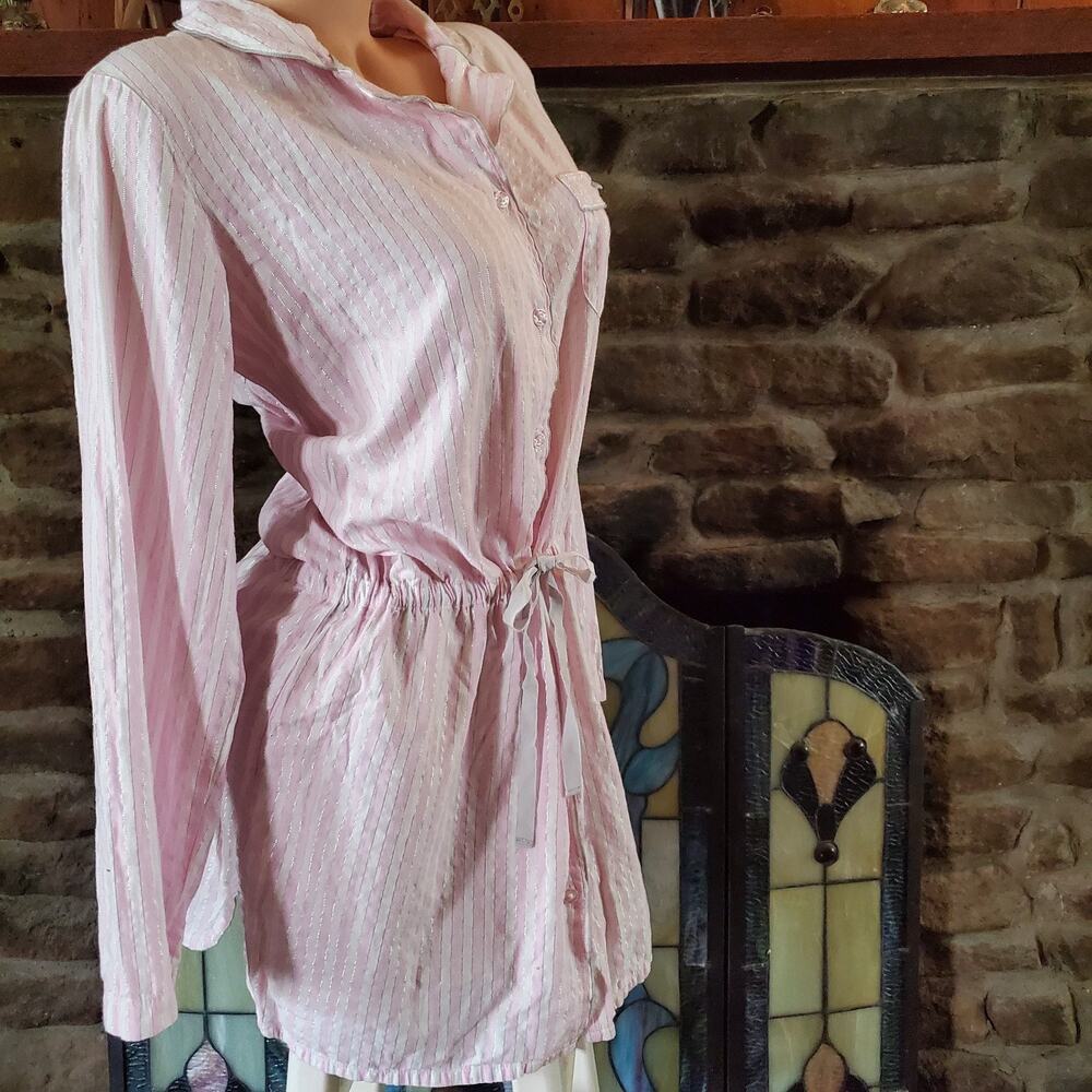 Victoria's Secret Pink Striped Shimmer Sleep Shirt Cozy Flannel Nightgown Medium